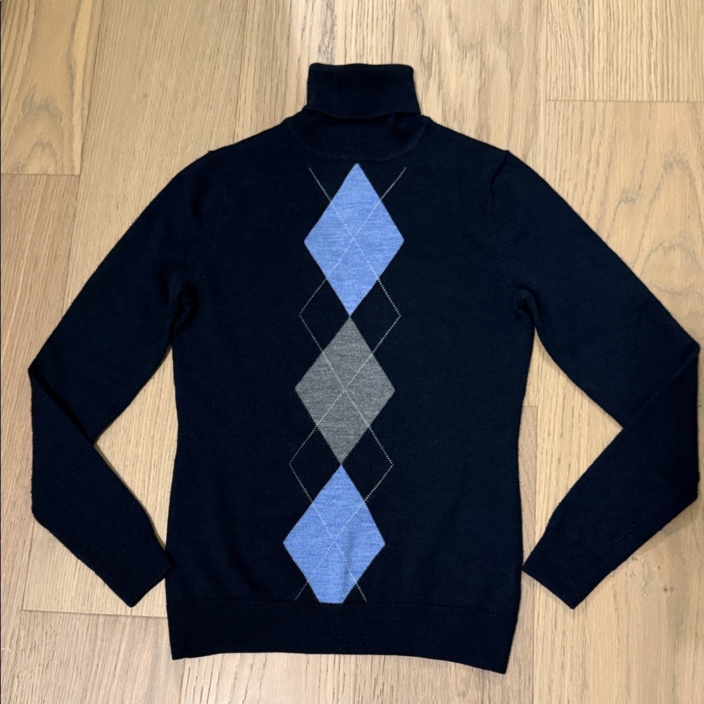 Brooks Brothers 346 Navy Cashmere Turtleneck Sweater with Blue & Gray Argyle